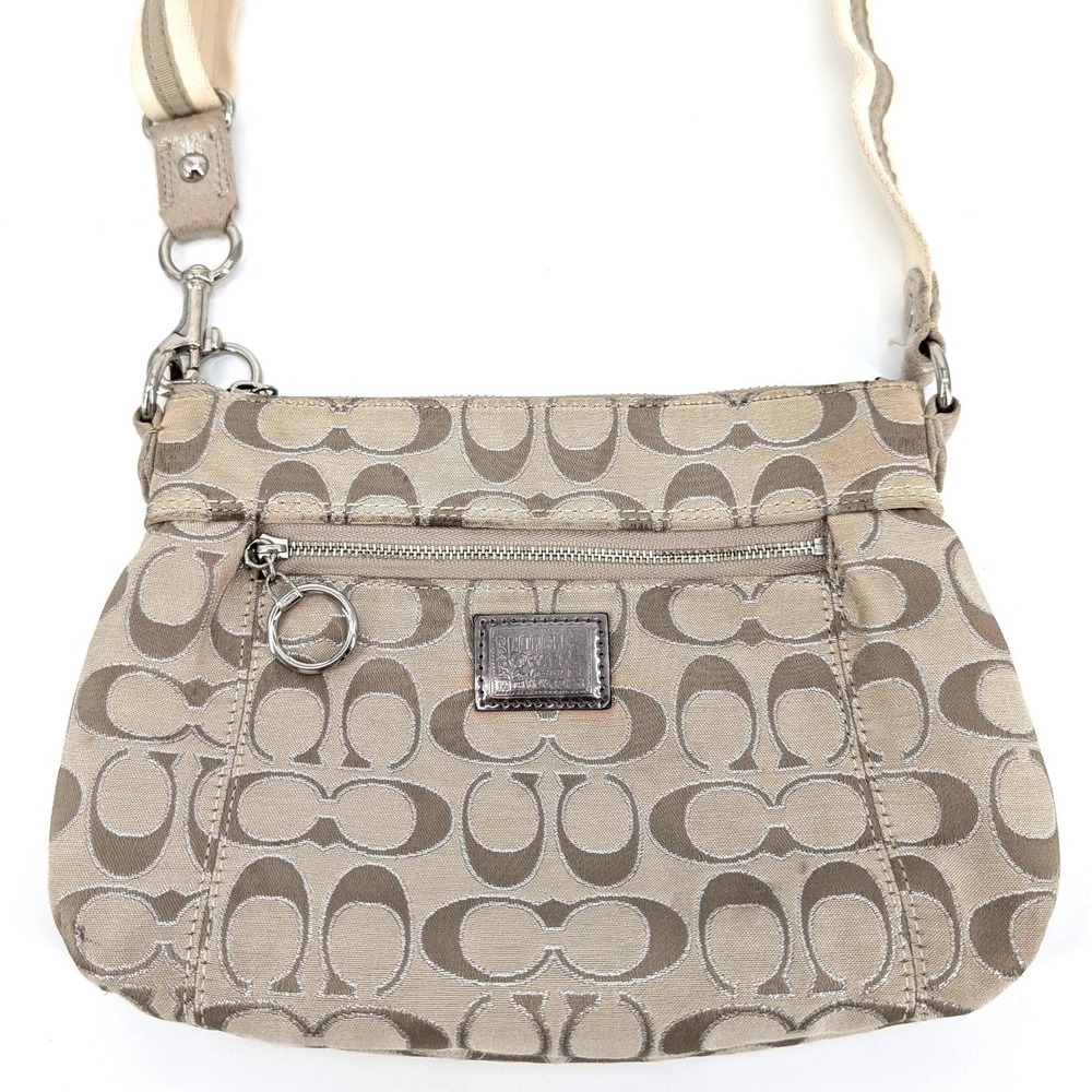 Coach Poppy Signature Crossbody Bag Khaki Silver Jacquard Canvas Y2K
